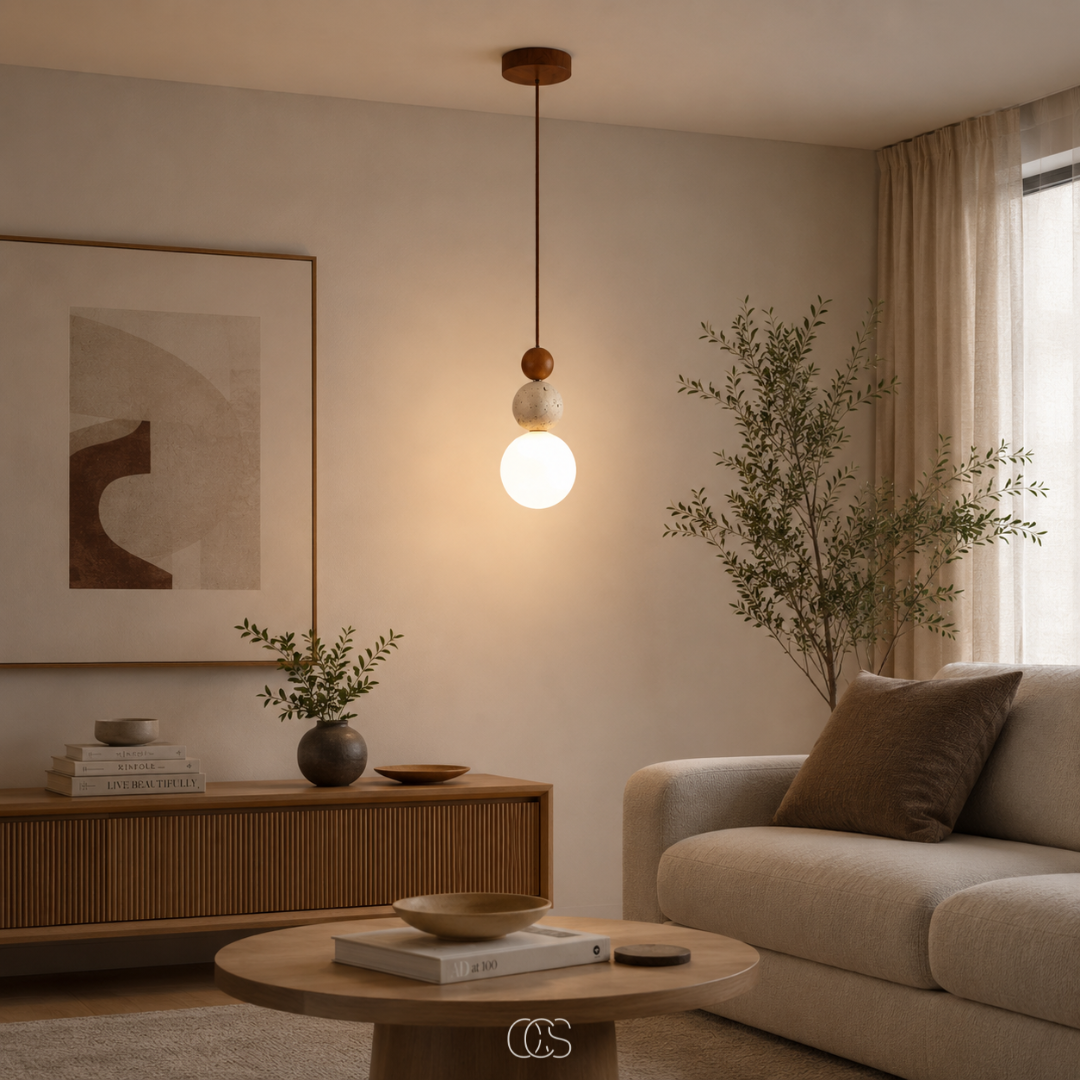 Glass Globe Pendant Light with Travertine & Wood Accents | Modern Wabi-Sabi Hanging Fixture for Dining Room, Bedroom & Kitchen | Warm | Thomler