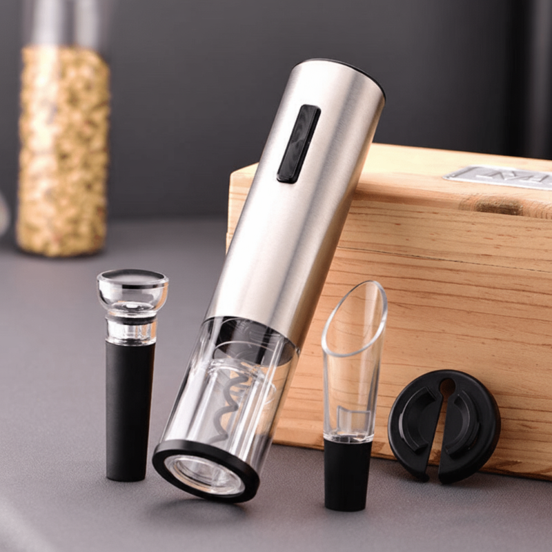 Electric Wine Opener Stainless Steel 10 in 4-in-1 Set For Home Bar Kitchen Use With Film Cutter Wine Pourer Vacuum Stopper | Thomler
