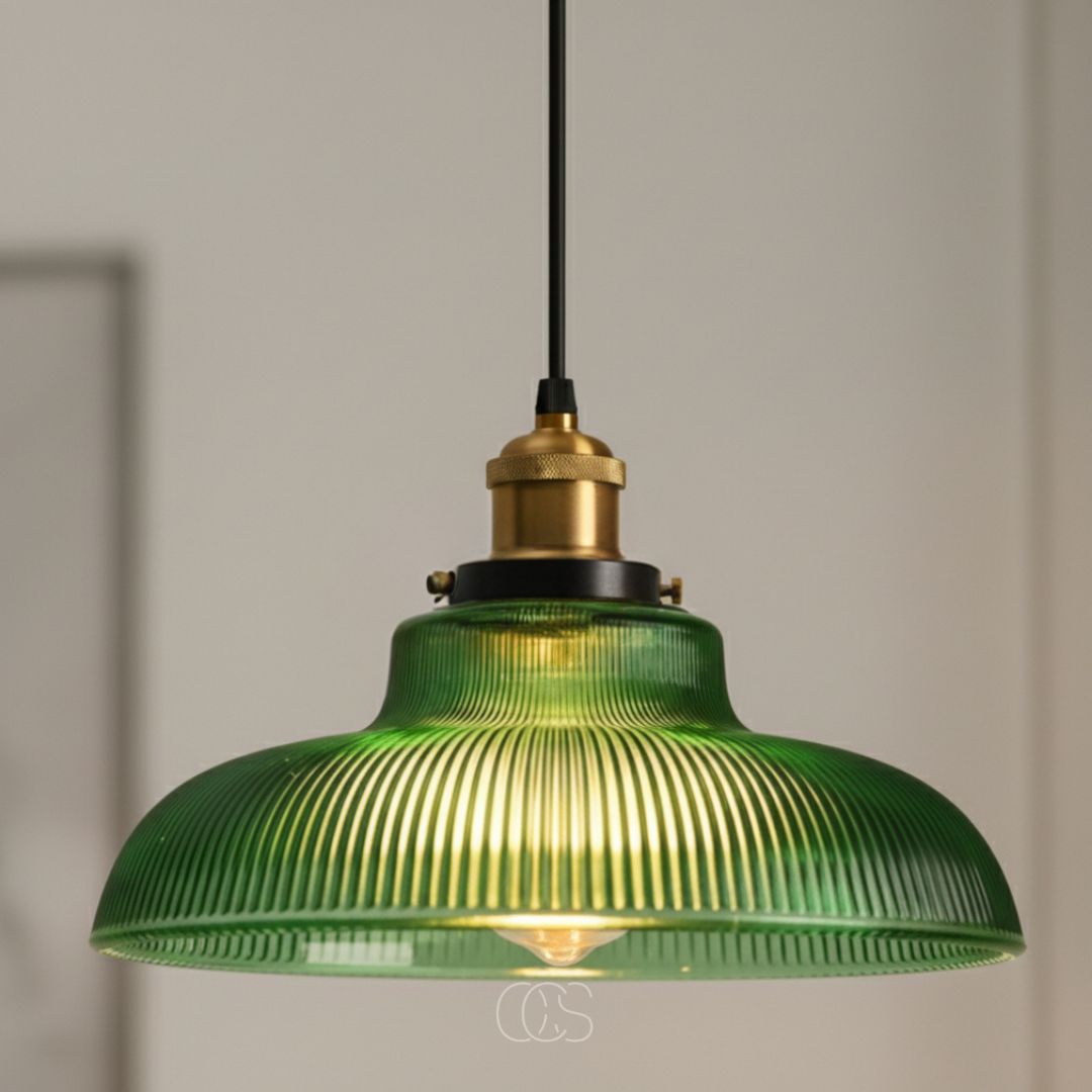 Glass Pendant Light with Metal Frame – Green or Clear Shade for Dining Room, Kitchen Island & Living Room – Adjustable Cord Ceiling | Thomler