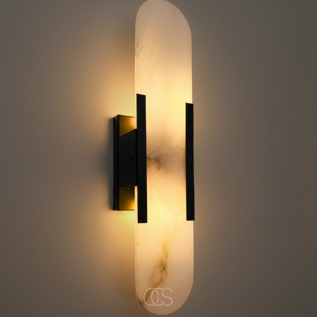 Marble Wall Sconce with Brass Finish - Modern Accent Light for Living Room, Bedroom, Hallway - Natural Stone Texture Ambient Lighting - G9 | Thomler