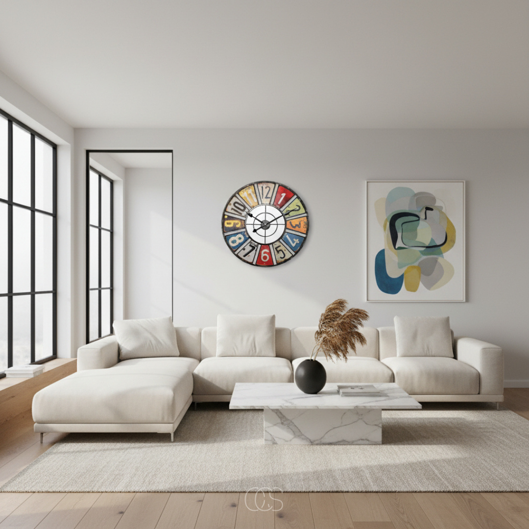 Vintage Industrial Wall Clock with Colorful Number Plates – 24 Inch Retro Metal Clock for Indoor & Outdoor – Silent Quartz Movement | Thomler