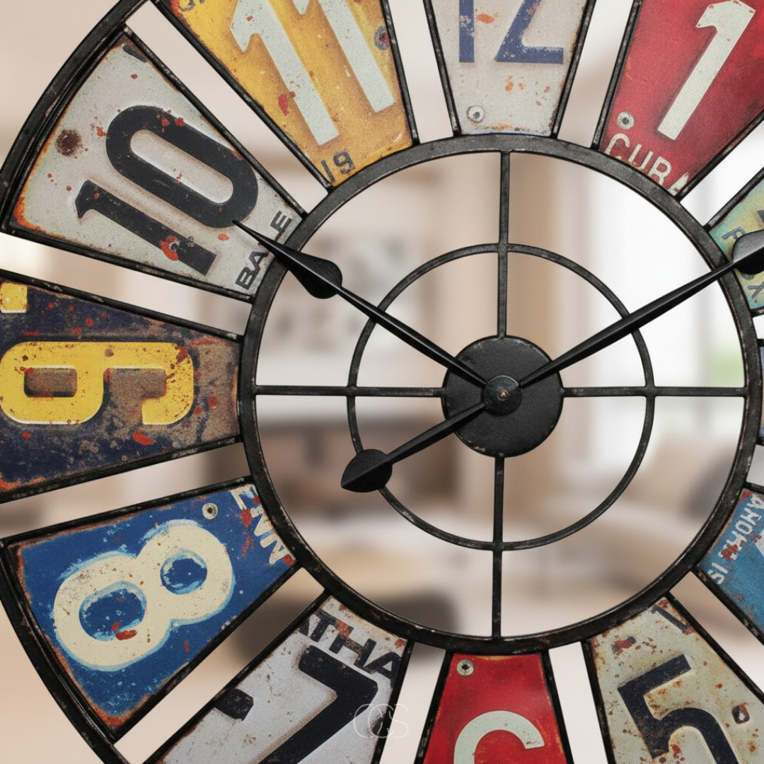 Vintage Industrial Wall Clock with Colorful Number Plates – 24 Inch Retro Metal Clock for Indoor & Outdoor – Silent Quartz Movement | Thomler