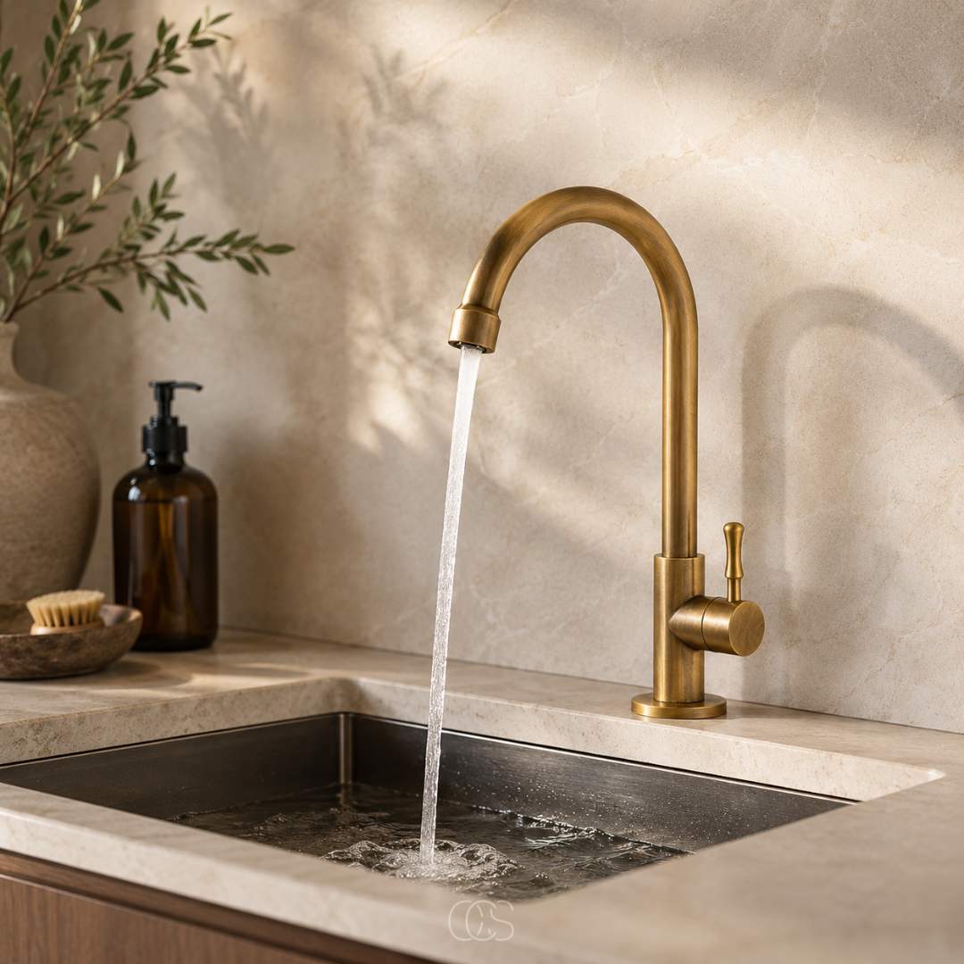 Antique Brass Kitchen Faucet with High Swivel Spout – Single Handle Vintage Sink Mixer Tap for Farmhouse & Classic Kitchens | Thomler