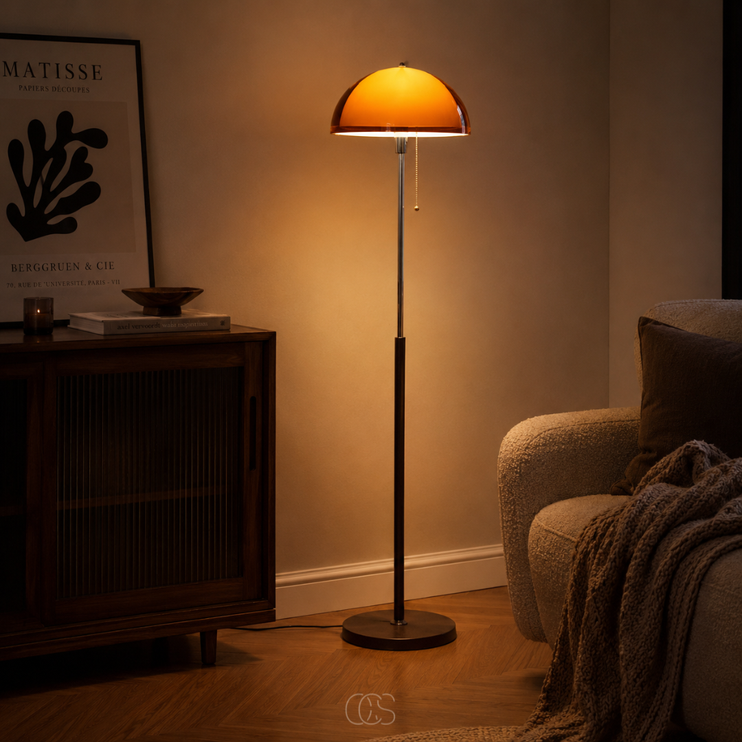 Mushroom Floor Lamp with Pull Chain – Retro Dome Shape with Wood Base & Chrome Stem for Living Room & Bedroom | Thomler