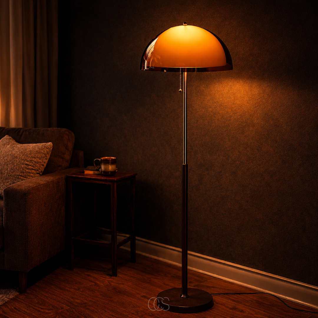 Mushroom Floor Lamp with Pull Chain – Retro Dome Shape with Wood Base & Chrome Stem for Living Room & Bedroom | Thomler