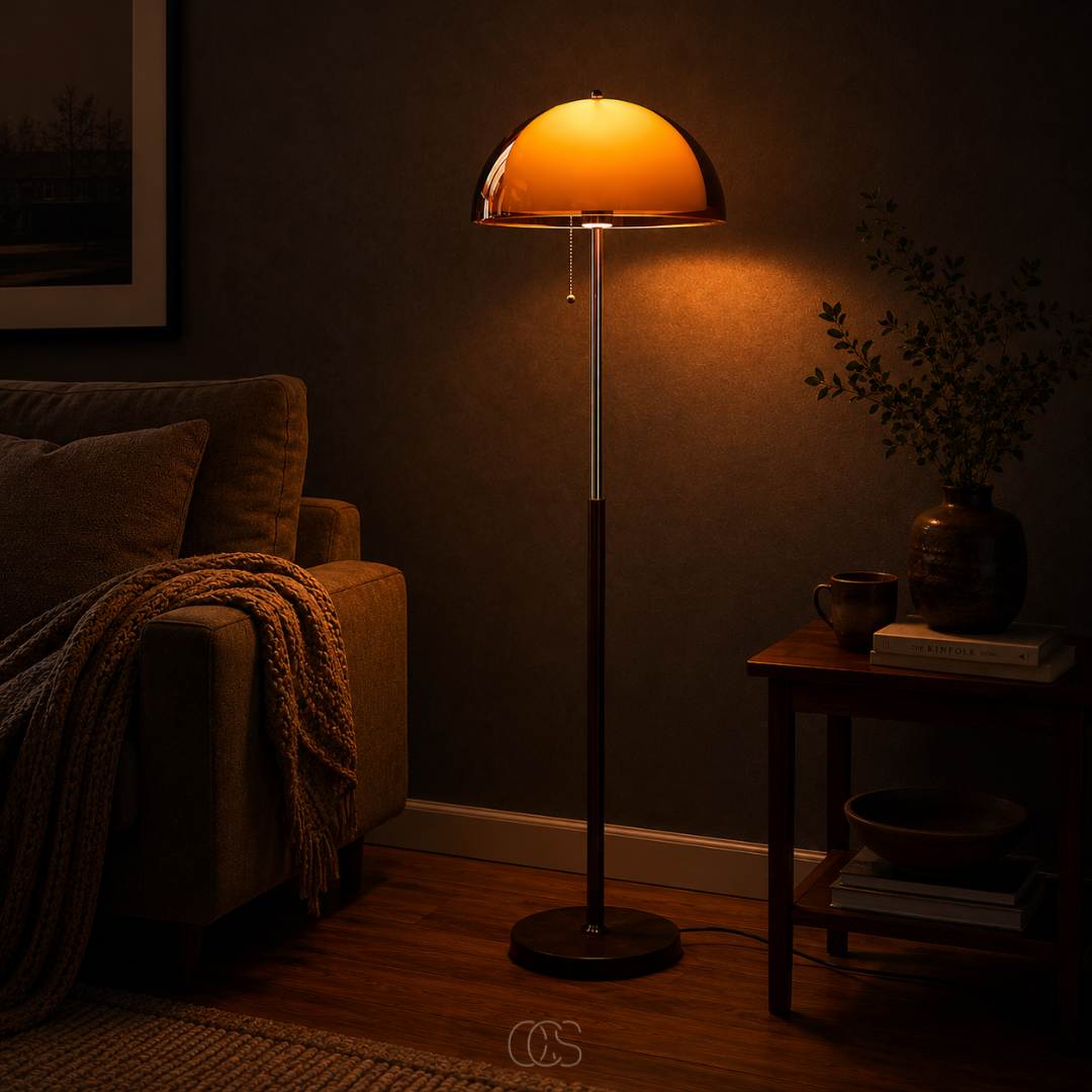 Mushroom Floor Lamp with Pull Chain – Retro Dome Shape with Wood Base & Chrome Stem for Living Room & Bedroom | Thomler