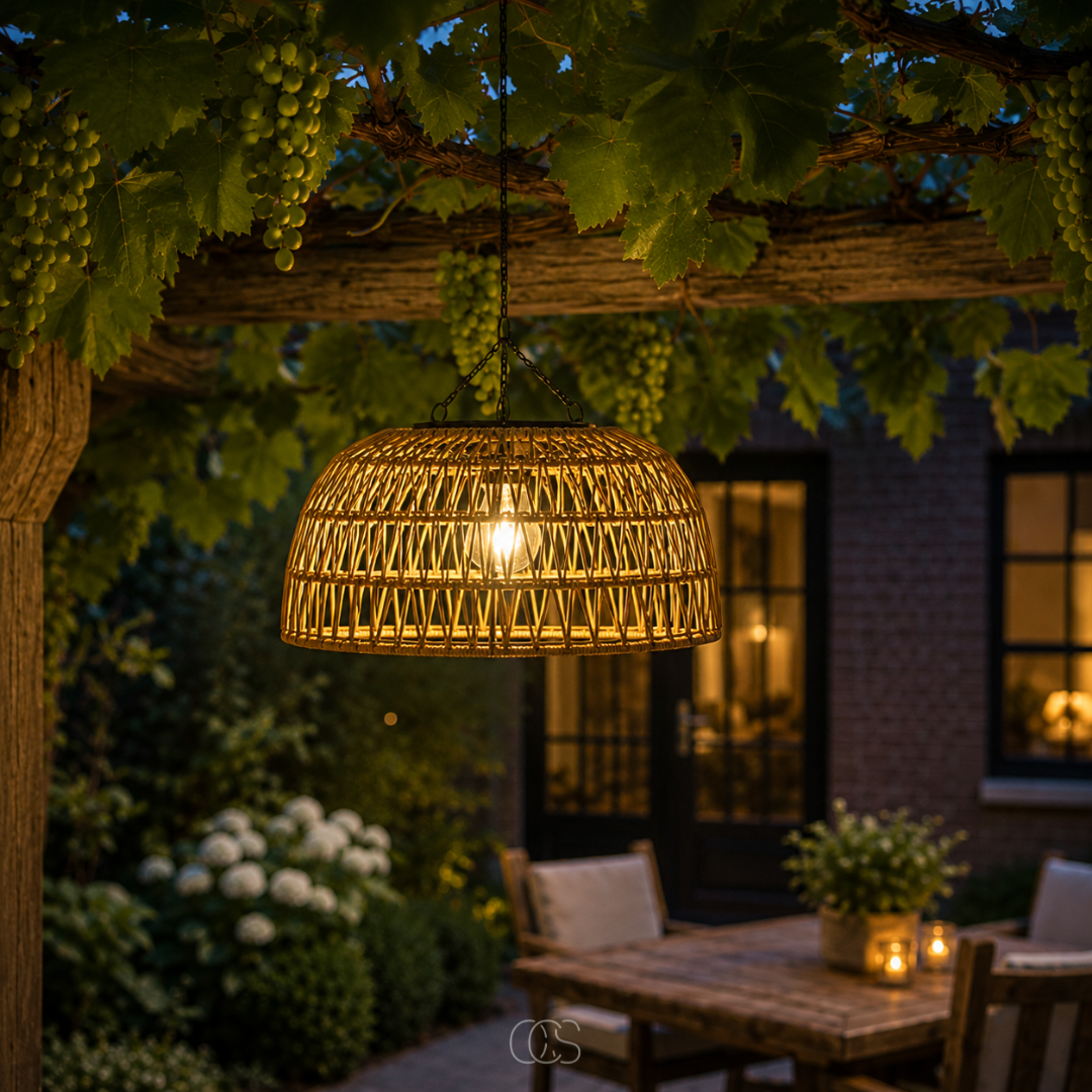 Woven Rattan Solar Pendant Light for Outdoor Patio & Garden – Wireless LED Hanging Lamp with Dusk Sensor | Thomler