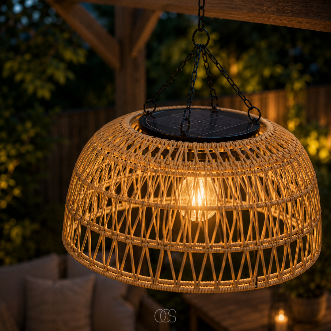 Woven Rattan Solar Pendant Light for Outdoor Patio & Garden – Wireless LED Hanging Lamp with Dusk Sensor | Thomler