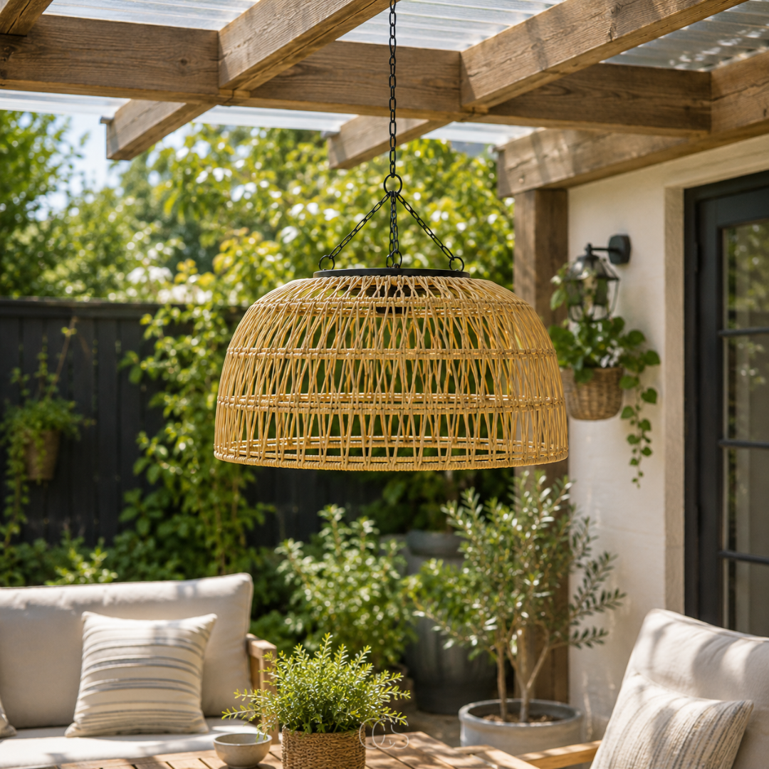 Woven Rattan Solar Pendant Light for Outdoor Patio & Garden – Wireless LED Hanging Lamp with Dusk Sensor | Thomler