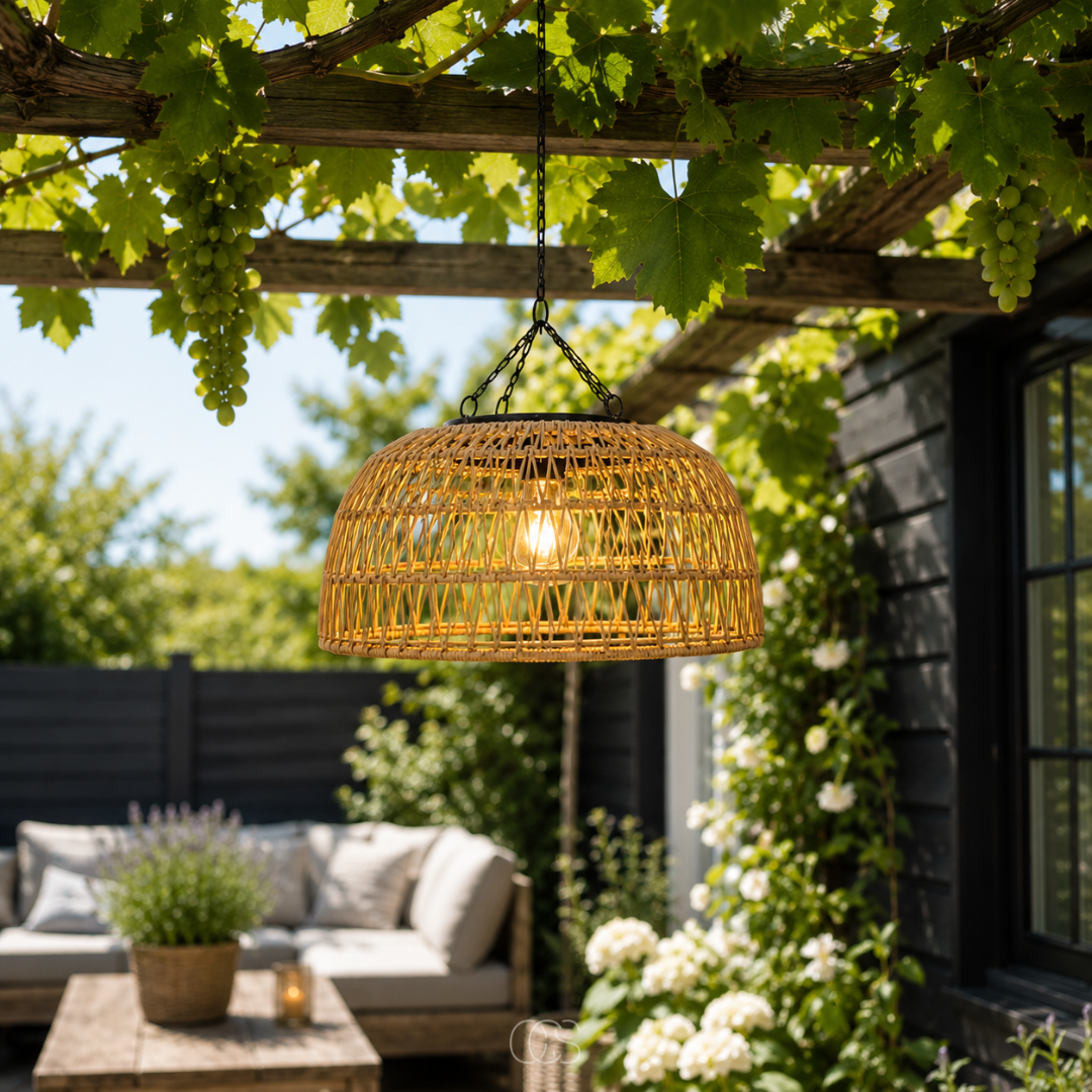 Woven Rattan Solar Pendant Light for Outdoor Patio & Garden – Wireless LED Hanging Lamp with Dusk Sensor | Thomler