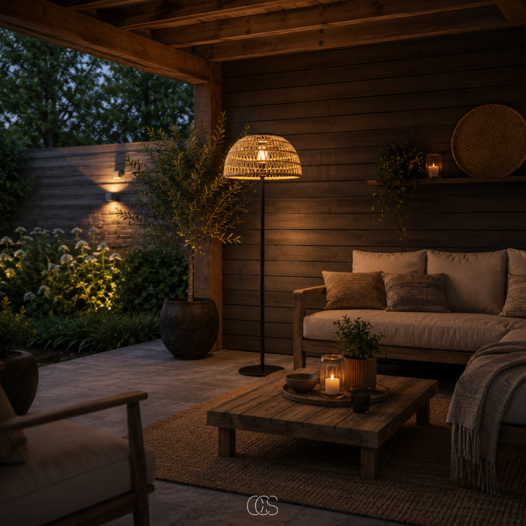 Solar Rattan Floor Lamp Cordless Rechargeable LED Outdoor Indoor Patio Deck Light Portable Woven Natural Fiber Wireless Ambient Lighting | Thomler