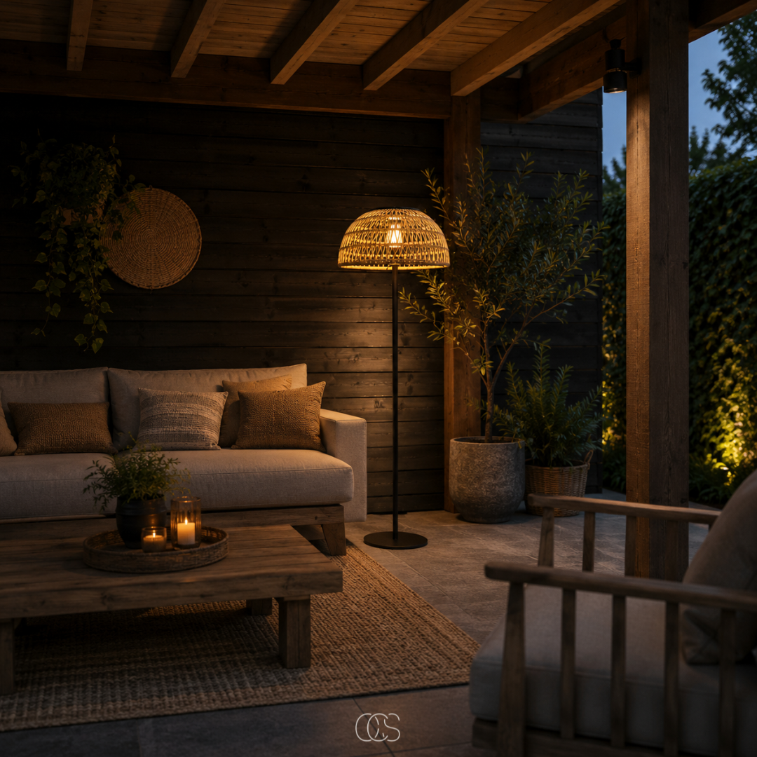Solar Rattan Floor Lamp Cordless Rechargeable LED Outdoor Indoor Patio Deck Light Portable Woven Natural Fiber Wireless Ambient Lighting | Thomler