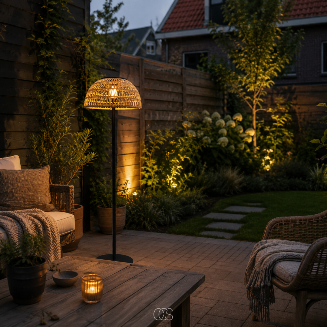 Solar Rattan Floor Lamp Cordless Rechargeable LED Outdoor Indoor Patio Deck Light Portable Woven Natural Fiber Wireless Ambient Lighting | Thomler