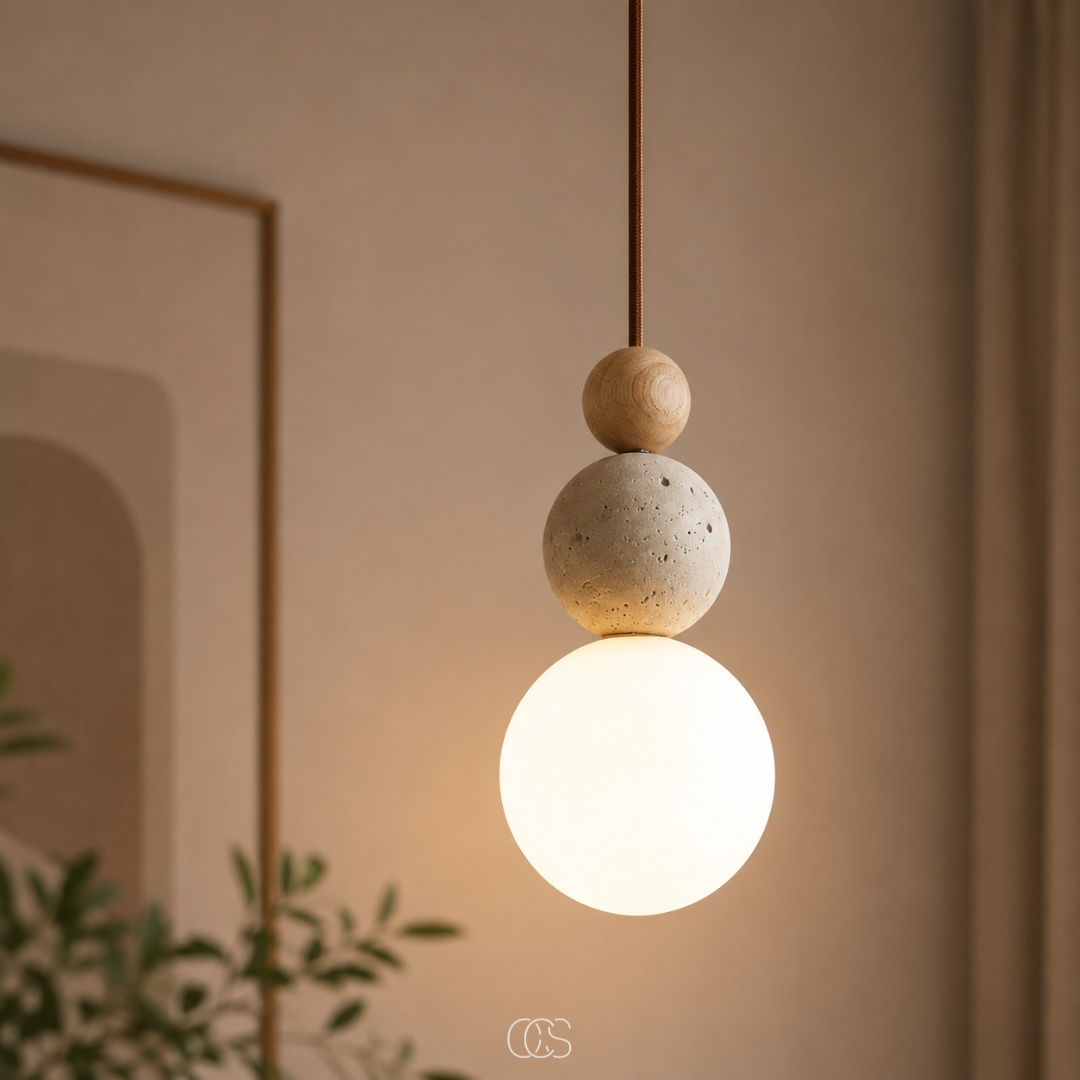 Glass Globe Pendant Light with Travertine & Wood Accents | Modern Wabi-Sabi Hanging Fixture for Dining Room, Bedroom & Kitchen | Warm | Thomler