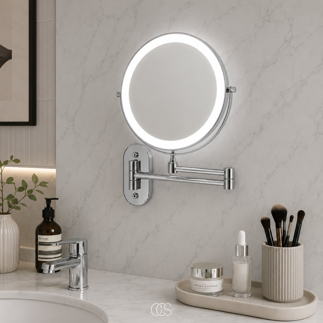 Rechargeable LED Lighted Vanity Mirror Wall Mount with Magnification & 360° Swivel Arm for Makeup Application & Skincare Routines | Thomler