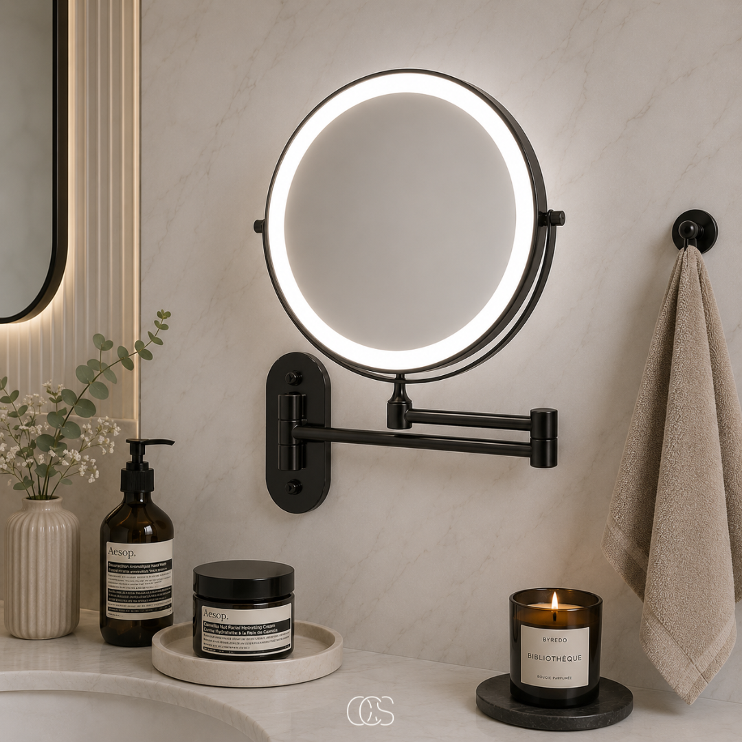 Rechargeable LED Lighted Vanity Mirror Wall Mount with Magnification & 360° Swivel Arm for Makeup Application & Skincare Routines | Thomler