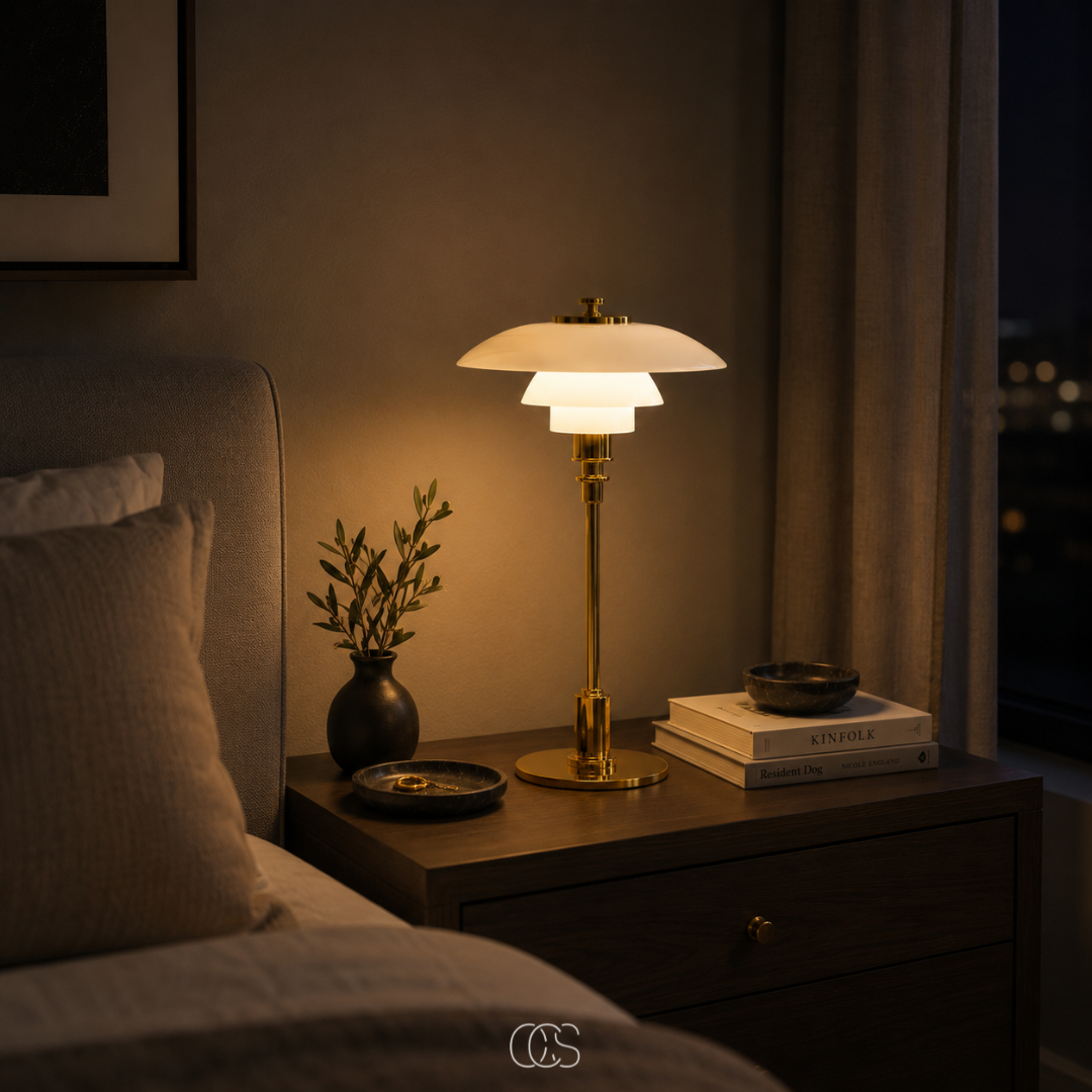 Layered Glass Table Lamp with Metal Base – Scandinavian Accent Light for Bedroom, Living Room & Office | Thomler