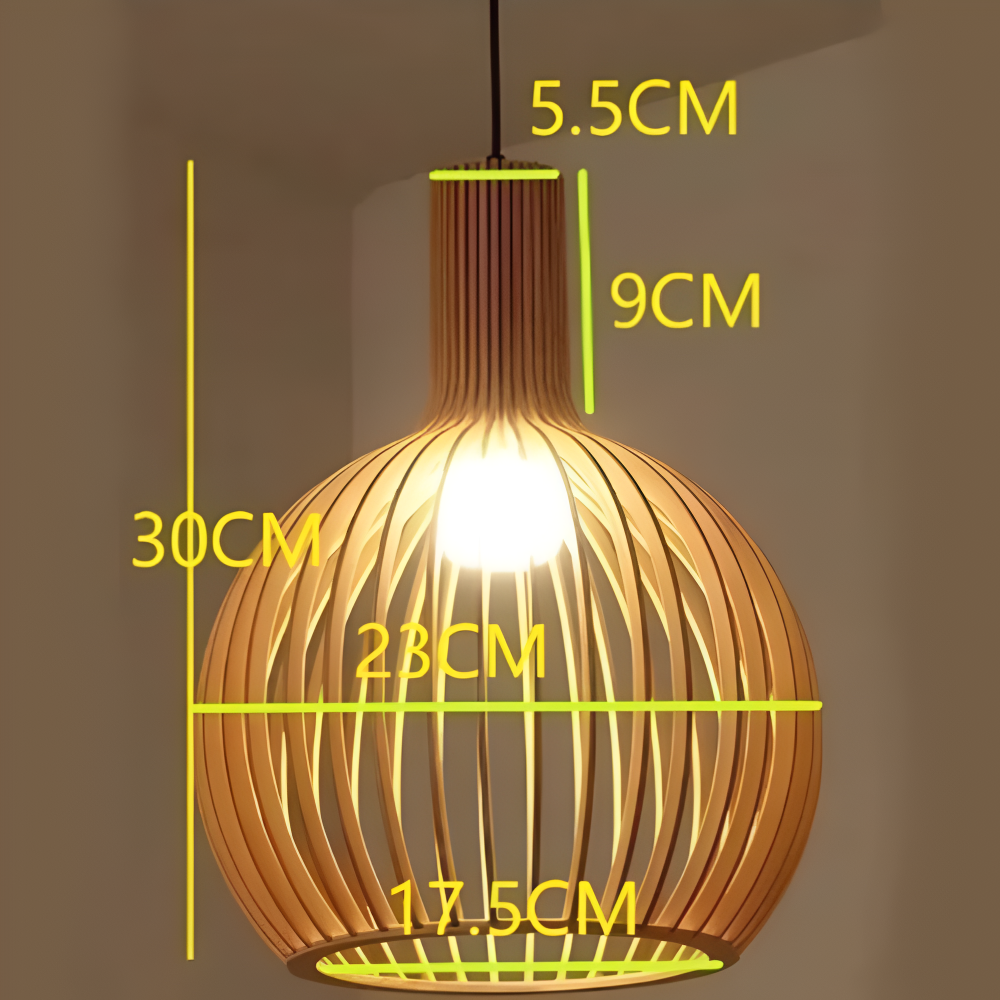 Slatted Timber Hanging Fixture – Semi-Flush Drum Pendant with LED Bulb for Dining Room & Bedroom – Scandinavian Cage Design Overhead | Thomler