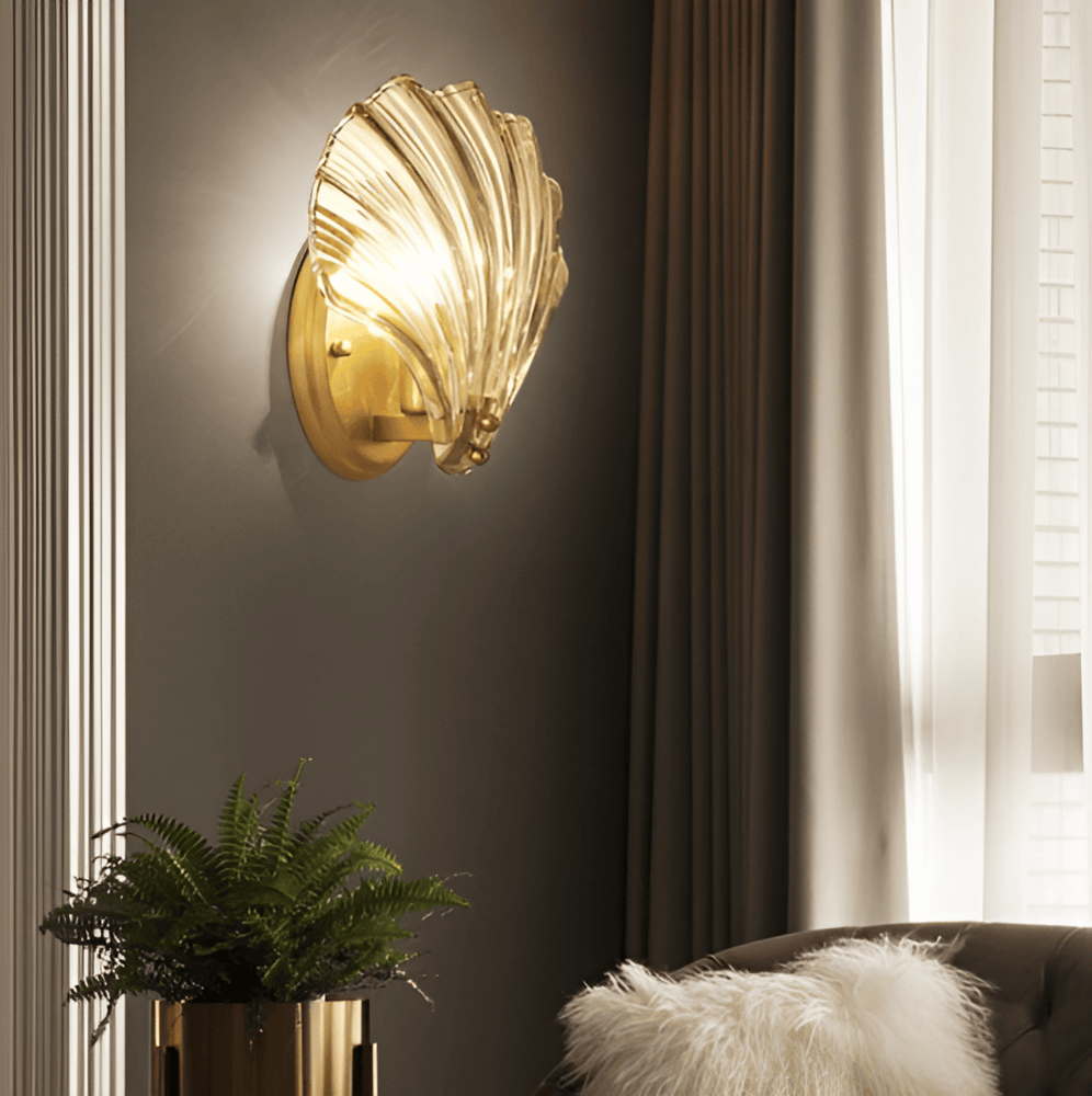Wall Lamp Ribbed Glass 20.0 cm Gold Bedroom Hallway Art Deco Shell Wall Light E27 Accent Lighting | Thomler