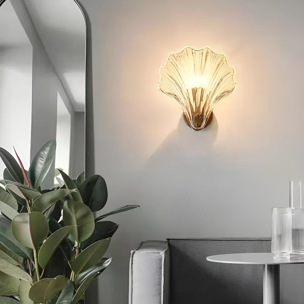 Wall Lamp Ribbed Glass 20.0 cm Gold Bedroom Hallway Art Deco Shell Wall Light E27 Accent Lighting | Thomler