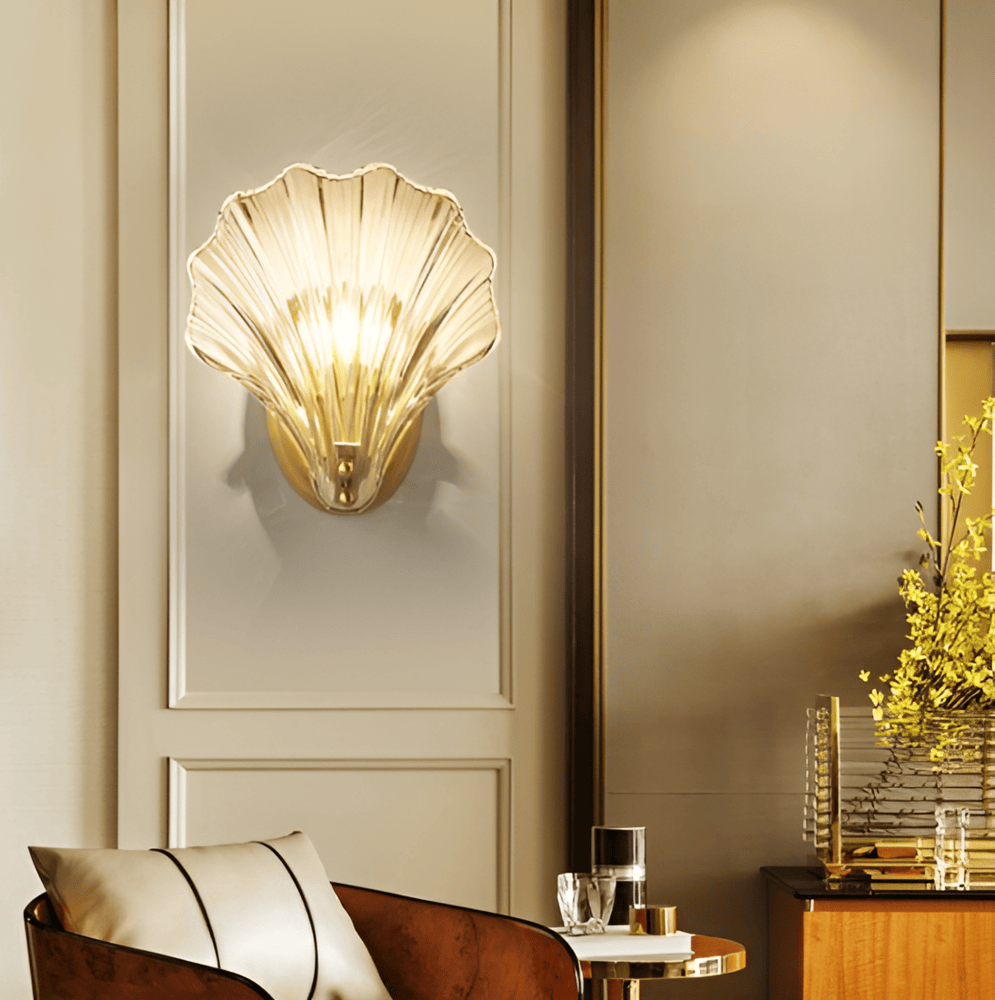 Wall Lamp Ribbed Glass 20.0 cm Gold Bedroom Hallway Art Deco Shell Wall Light E27 Accent Lighting | Thomler