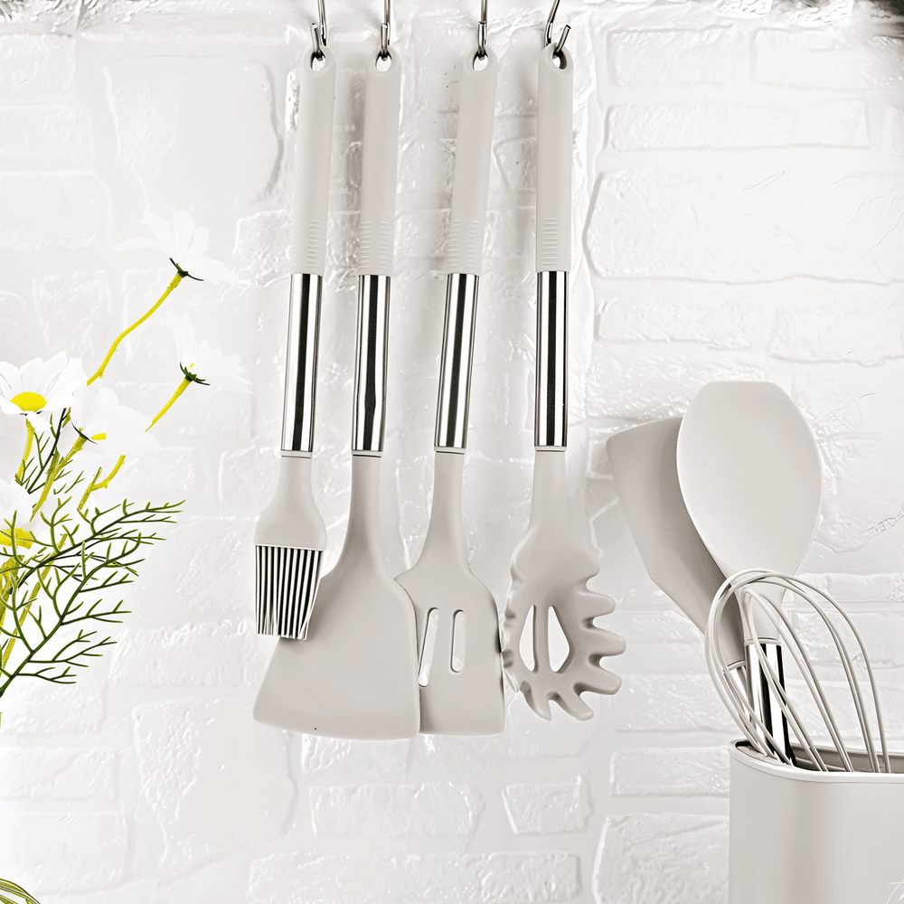 12-Piece Silicone Kitchen Utensil Set with Stainless Steel Handles & Holder for Cooking, Baking & Serving | Thomler