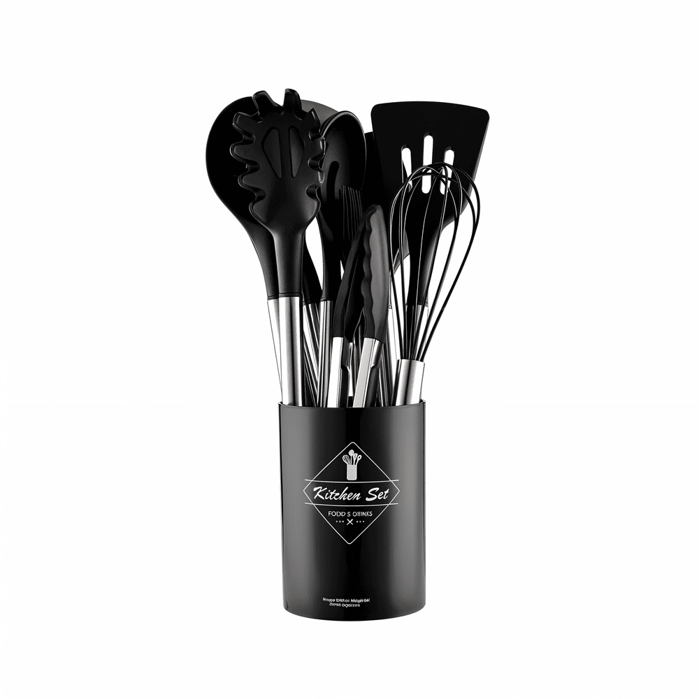 12-Piece Silicone Kitchen Utensil Set with Stainless Steel Handles & Holder for Cooking, Baking & Serving | Thomler