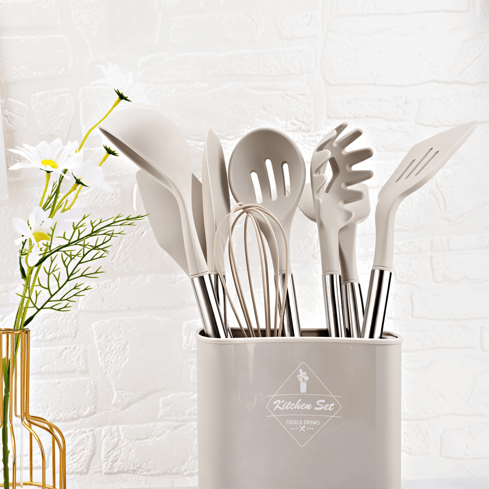 12-Piece Silicone Kitchen Utensil Set with Stainless Steel Handles & Holder for Cooking, Baking & Serving | Thomler