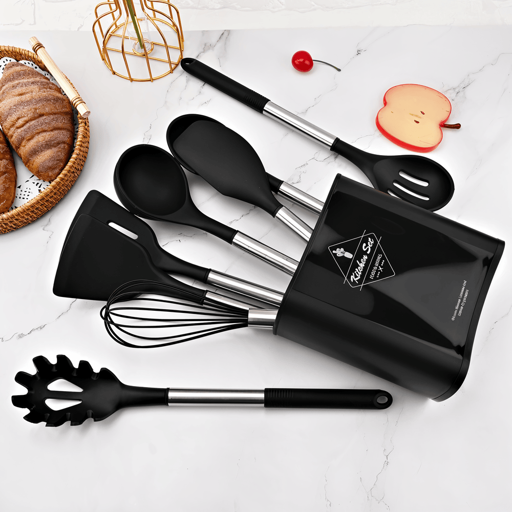 12-Piece Silicone Kitchen Utensil Set with Stainless Steel Handles & Holder for Cooking, Baking & Serving | Thomler