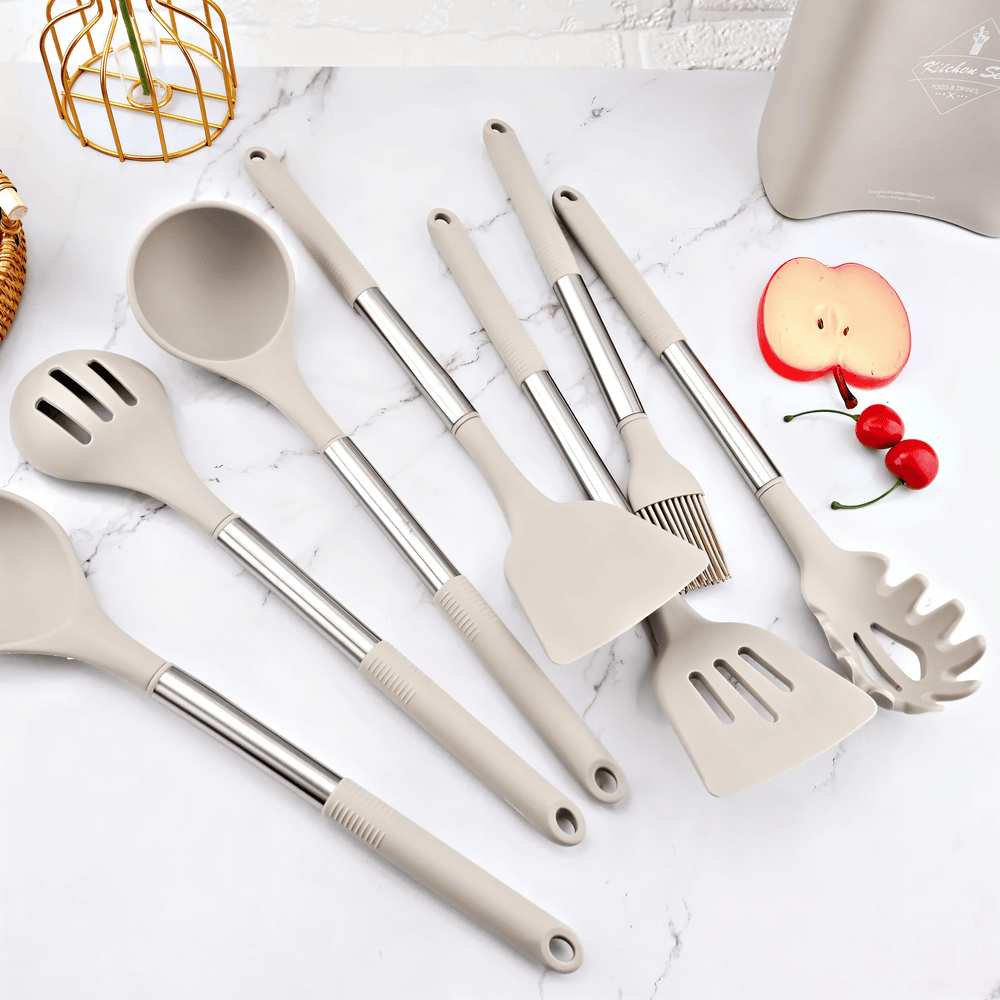 12-Piece Silicone Kitchen Utensil Set with Stainless Steel Handles & Holder for Cooking, Baking & Serving | Thomler