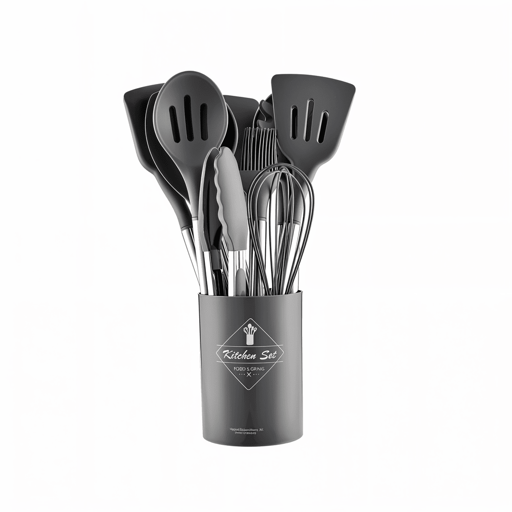 12-Piece Silicone Kitchen Utensil Set with Stainless Steel Handles & Holder for Cooking, Baking & Serving | Thomler