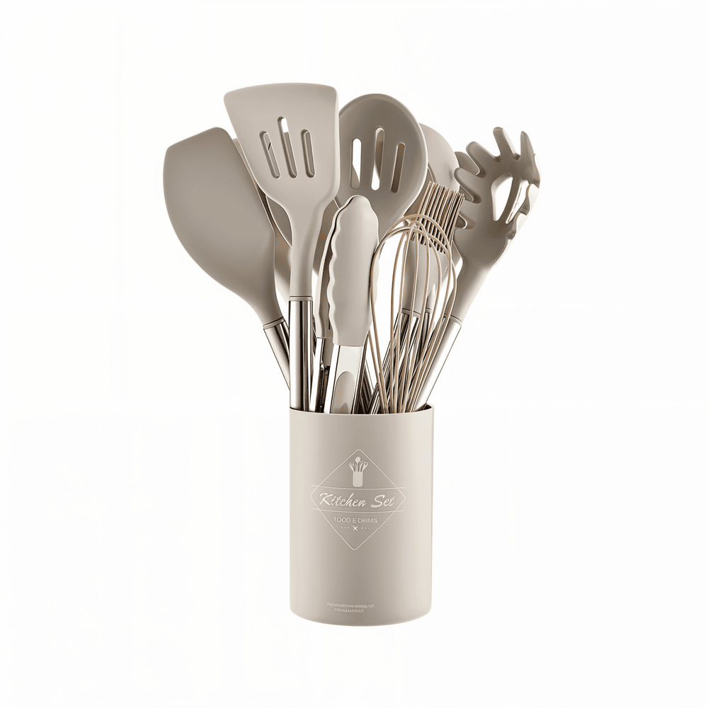 12-Piece Silicone Kitchen Utensil Set with Stainless Steel Handles & Holder for Cooking, Baking & Serving | Thomler