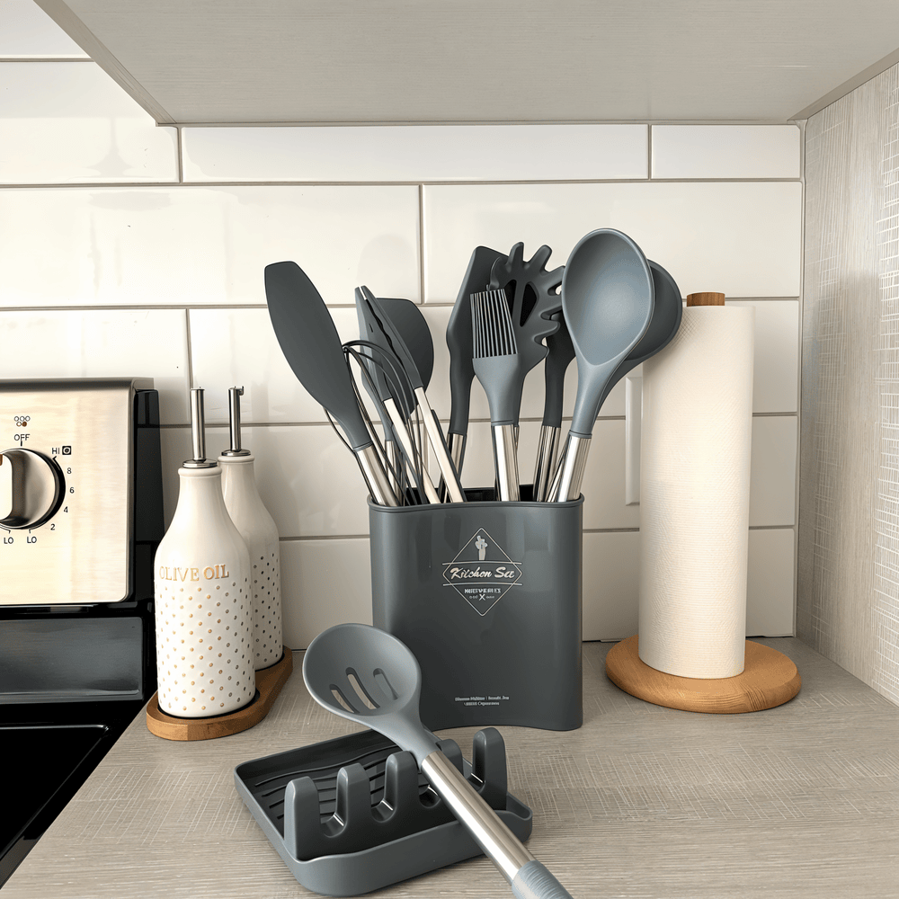 12-Piece Silicone Kitchen Utensil Set with Stainless Steel Handles & Holder for Cooking, Baking & Serving | Thomler