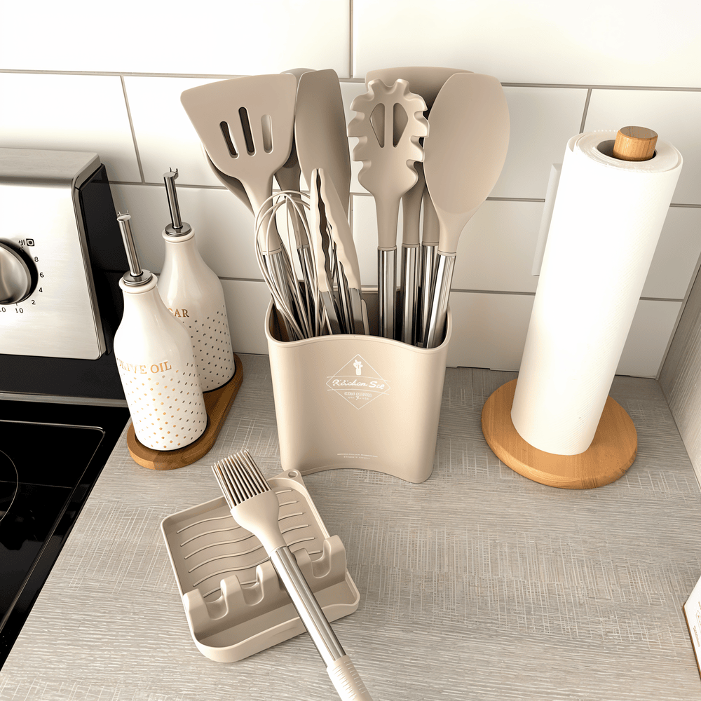 12-Piece Silicone Kitchen Utensil Set with Stainless Steel Handles & Holder for Cooking, Baking & Serving | Thomler