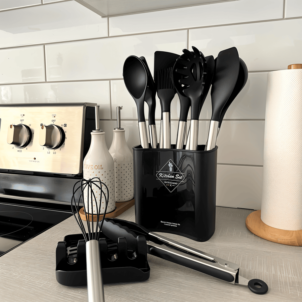 12-Piece Silicone Kitchen Utensil Set with Stainless Steel Handles & Holder for Cooking, Baking & Serving | Thomler