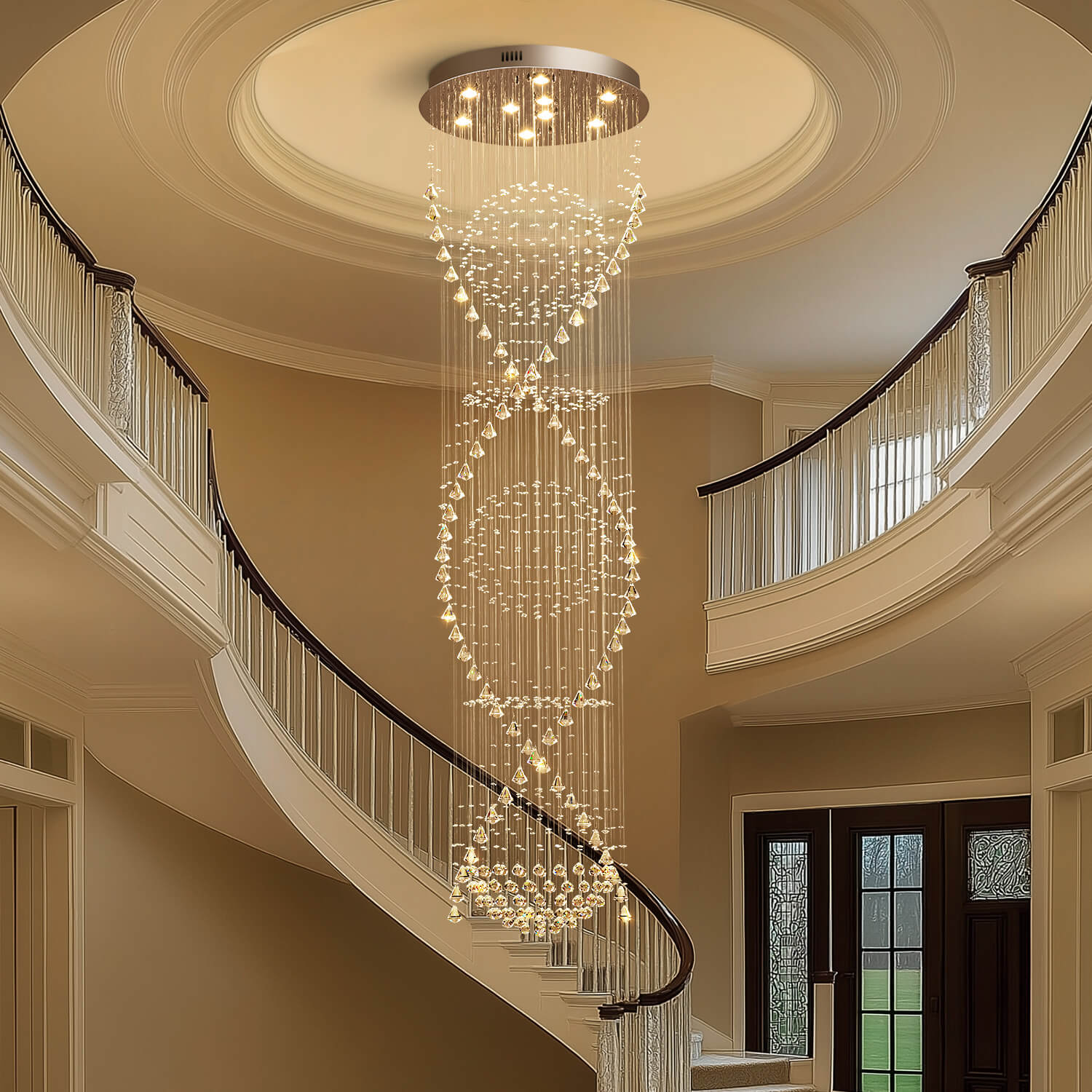Spiral Crystal Chandelier with Cascading Pendant Drops – Adjustable Height Statement Lighting for Tall Ceilings, Entryways & Staircases | Thomler