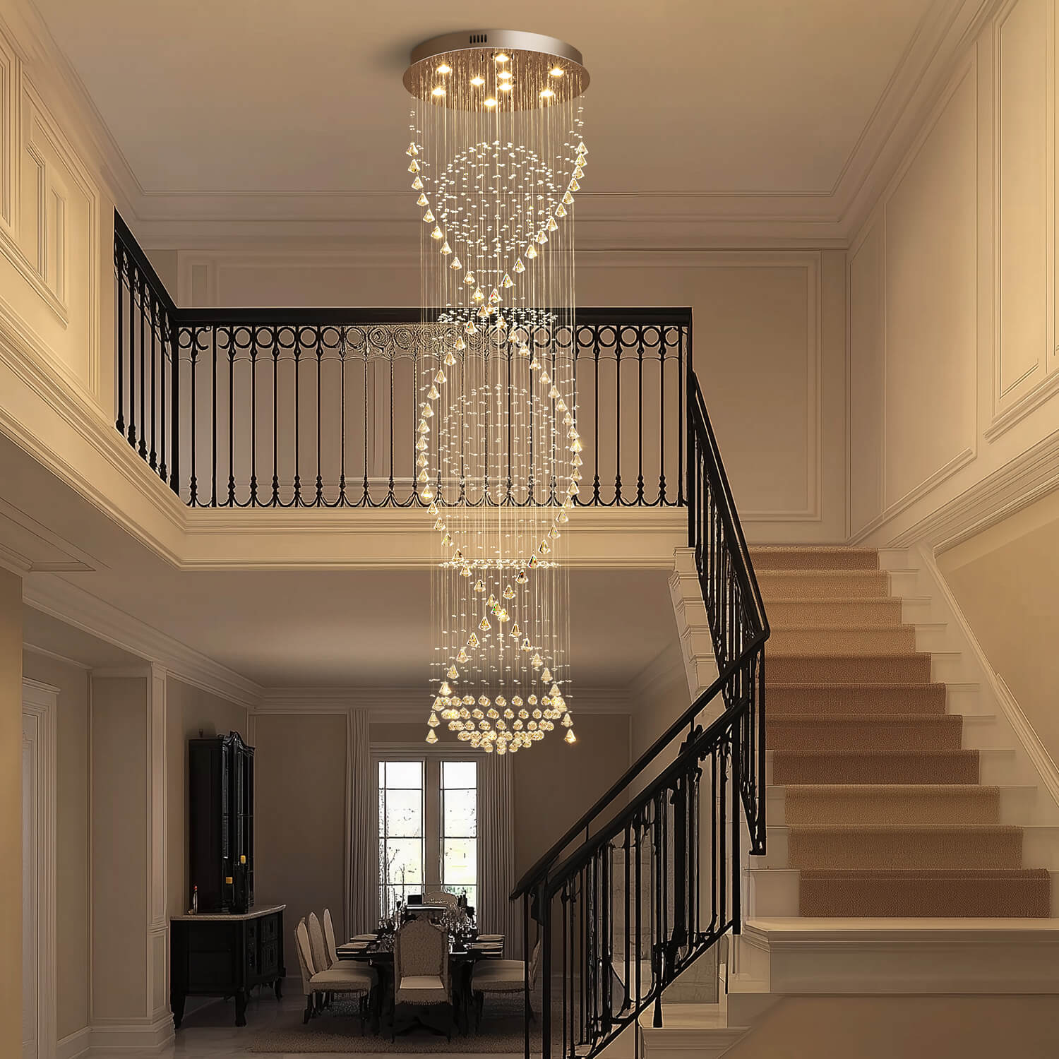 Spiral Crystal Chandelier with Cascading Pendant Drops – Adjustable Height Statement Lighting for Tall Ceilings, Entryways & Staircases | Thomler