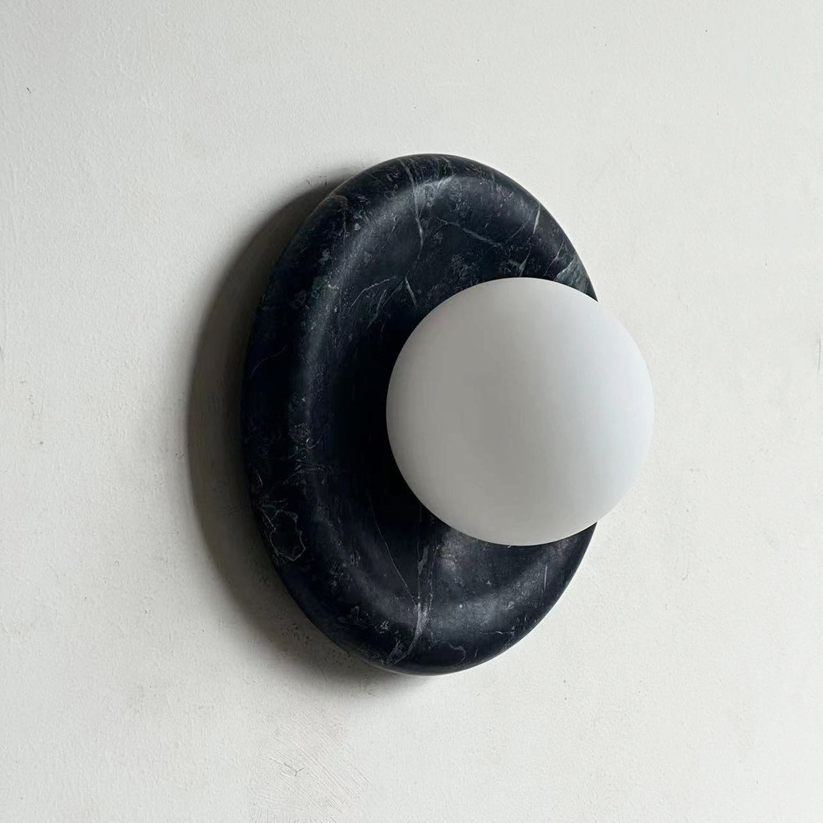 Round Glass Wall Sconce with Curved Marble Backplate for Living Room, Bedroom & Hallway – Hardwired Modern Indoor Light Fixture | Thomler