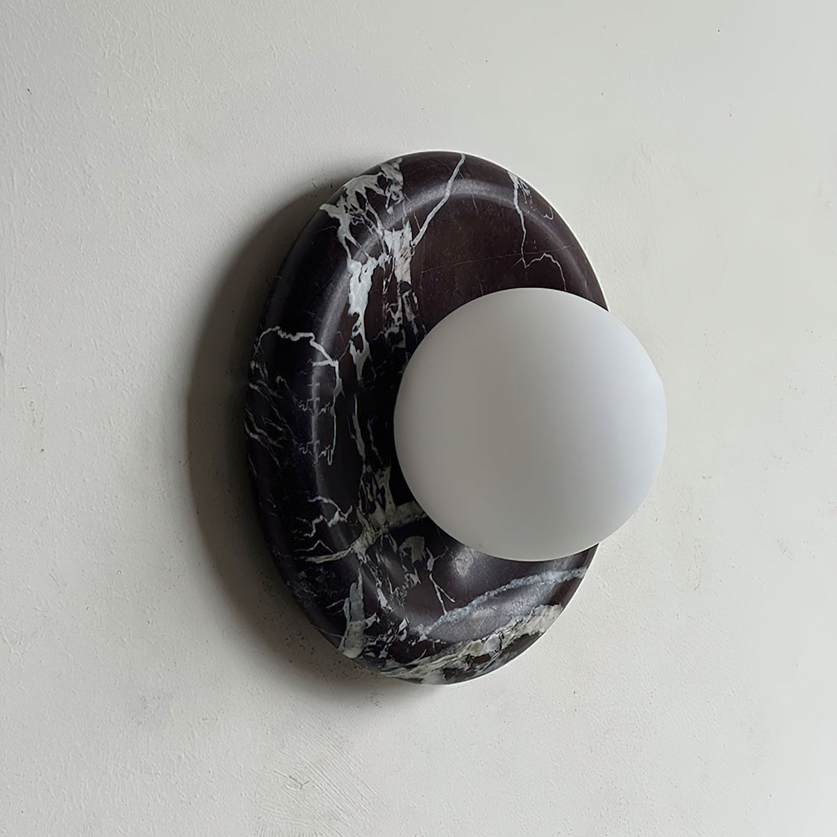 Round Glass Wall Sconce with Curved Marble Backplate for Living Room, Bedroom & Hallway – Hardwired Modern Indoor Light Fixture | Thomler