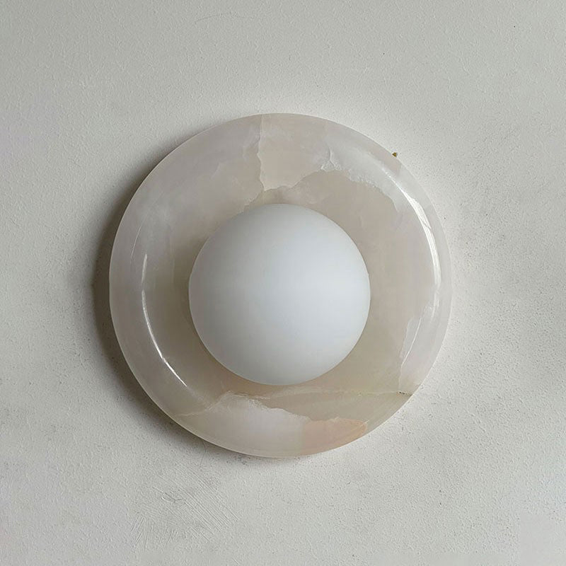 Round Glass Wall Sconce with Curved Marble Backplate for Living Room, Bedroom & Hallway – Hardwired Modern Indoor Light Fixture | Thomler