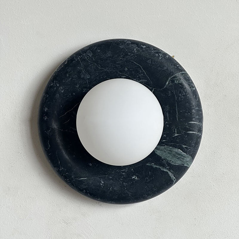 Round Glass Wall Sconce with Curved Marble Backplate for Living Room, Bedroom & Hallway – Hardwired Modern Indoor Light Fixture | Thomler