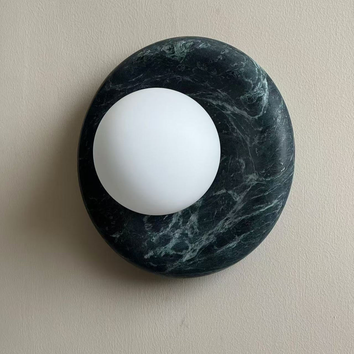 Round Glass Wall Sconce with Curved Marble Backplate for Living Room, Bedroom & Hallway – Hardwired Modern Indoor Light Fixture | Thomler