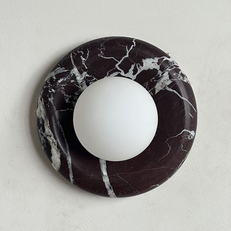 Round Glass Wall Sconce with Curved Marble Backplate for Living Room, Bedroom & Hallway – Hardwired Modern Indoor Light Fixture | Thomler