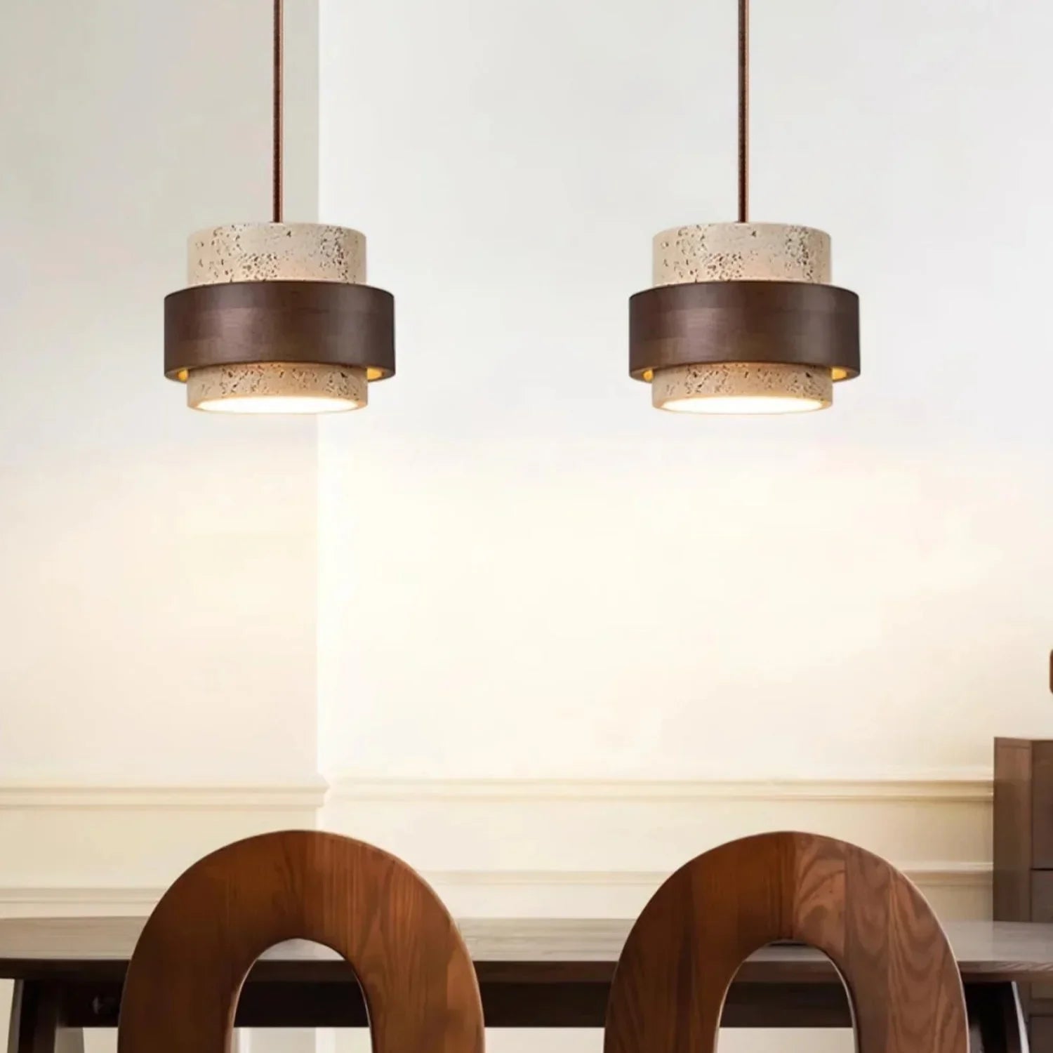 Pendant Light Travertine Wood E27 150.0 cm Walnut Dining Room Kitchen Island Hanging Ceiling Lamp Japandi Minimalist | Thomler