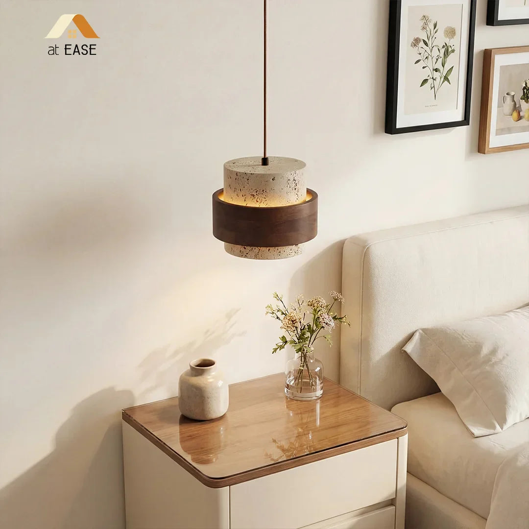 Pendant Light Travertine Wood E27 150.0 cm Walnut Dining Room Kitchen Island Hanging Ceiling Lamp Japandi Minimalist | Thomler
