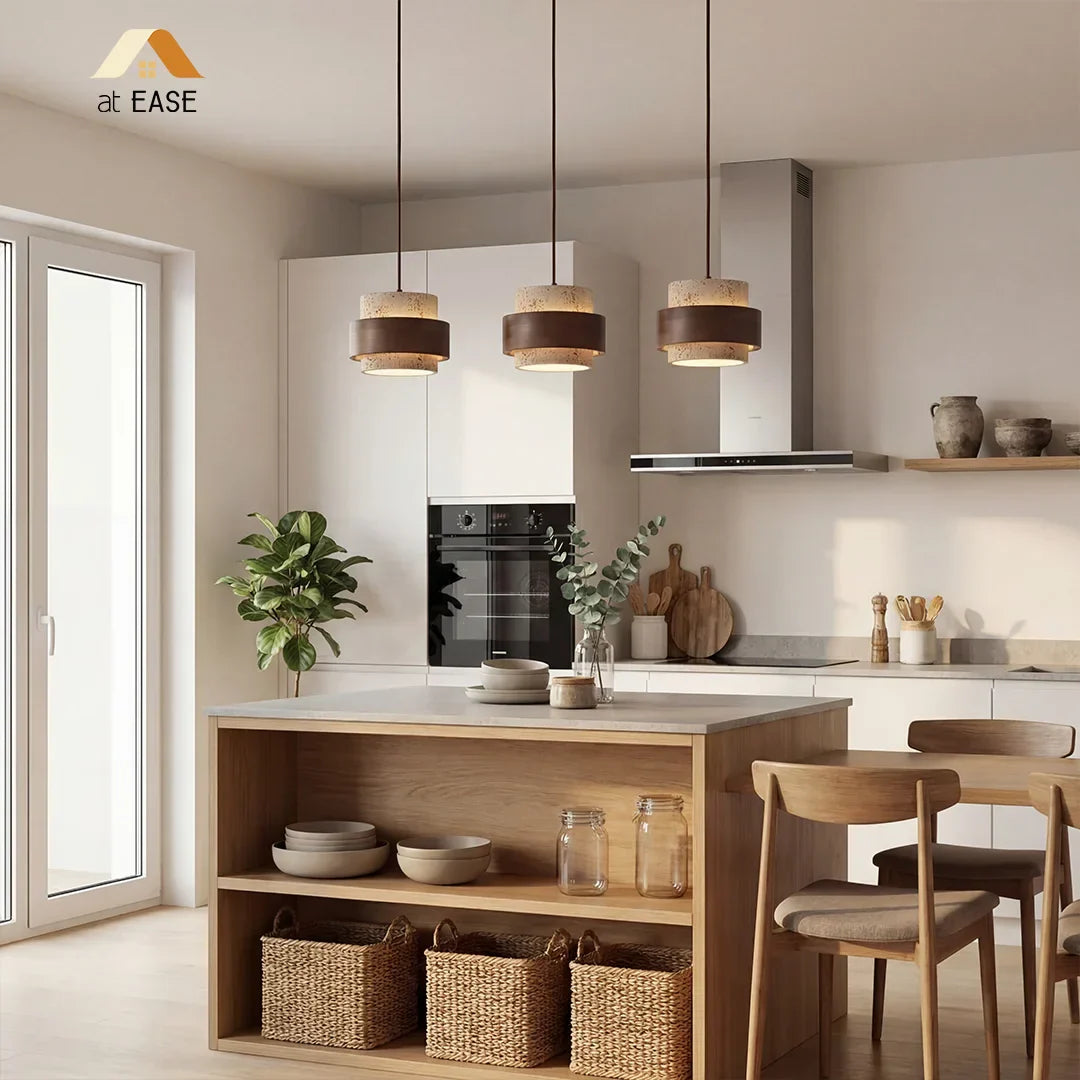 Pendant Light Travertine Wood E27 150.0 cm Walnut Dining Room Kitchen Island Hanging Ceiling Lamp Japandi Minimalist | Thomler