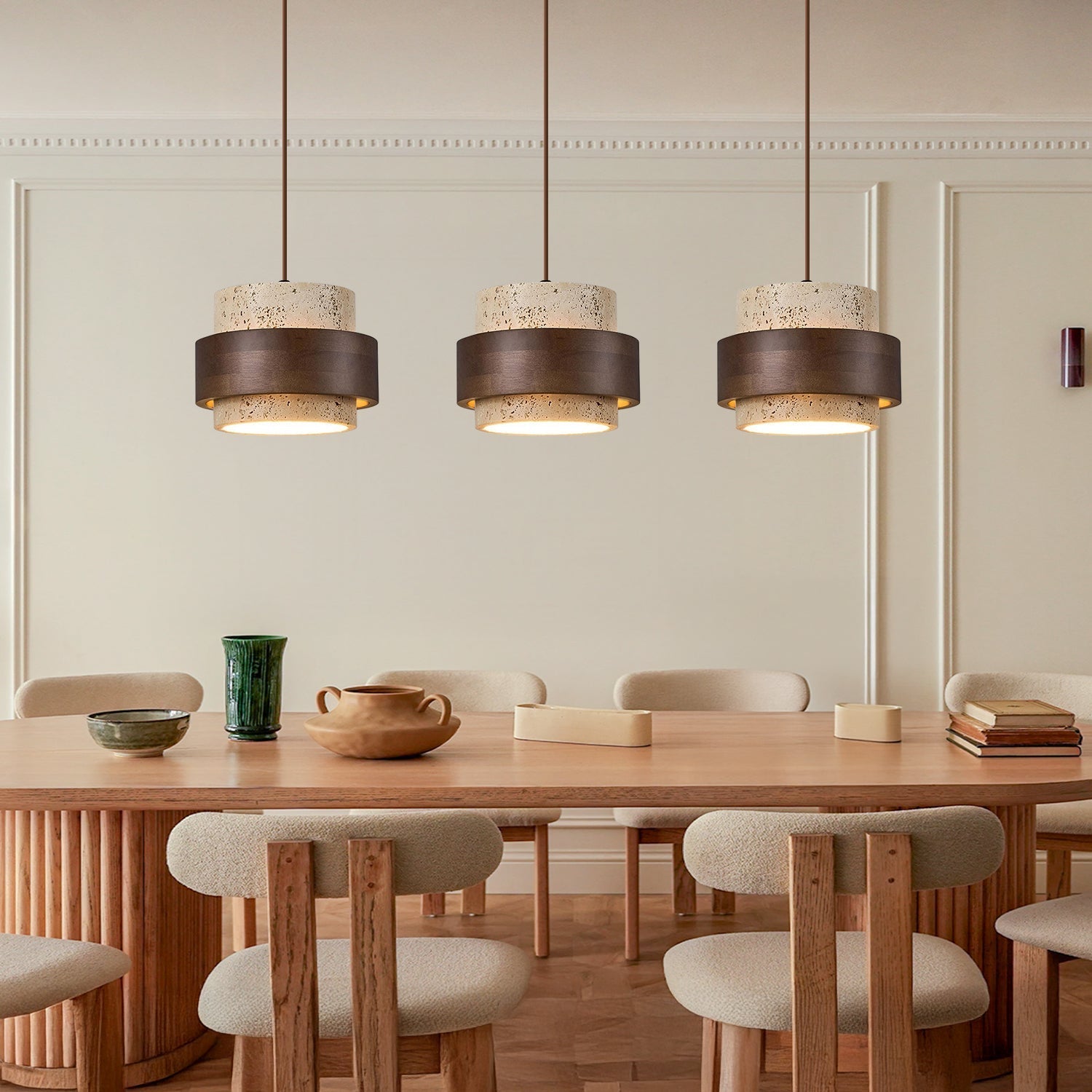 Pendant Light Travertine Wood E27 150.0 cm Walnut Dining Room Kitchen Island Hanging Ceiling Lamp Japandi Minimalist | Thomler