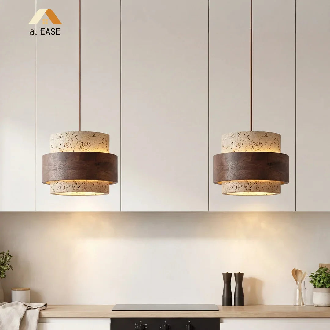 Pendant Light Travertine Wood E27 150.0 cm Walnut Dining Room Kitchen Island Hanging Ceiling Lamp Japandi Minimalist | Thomler