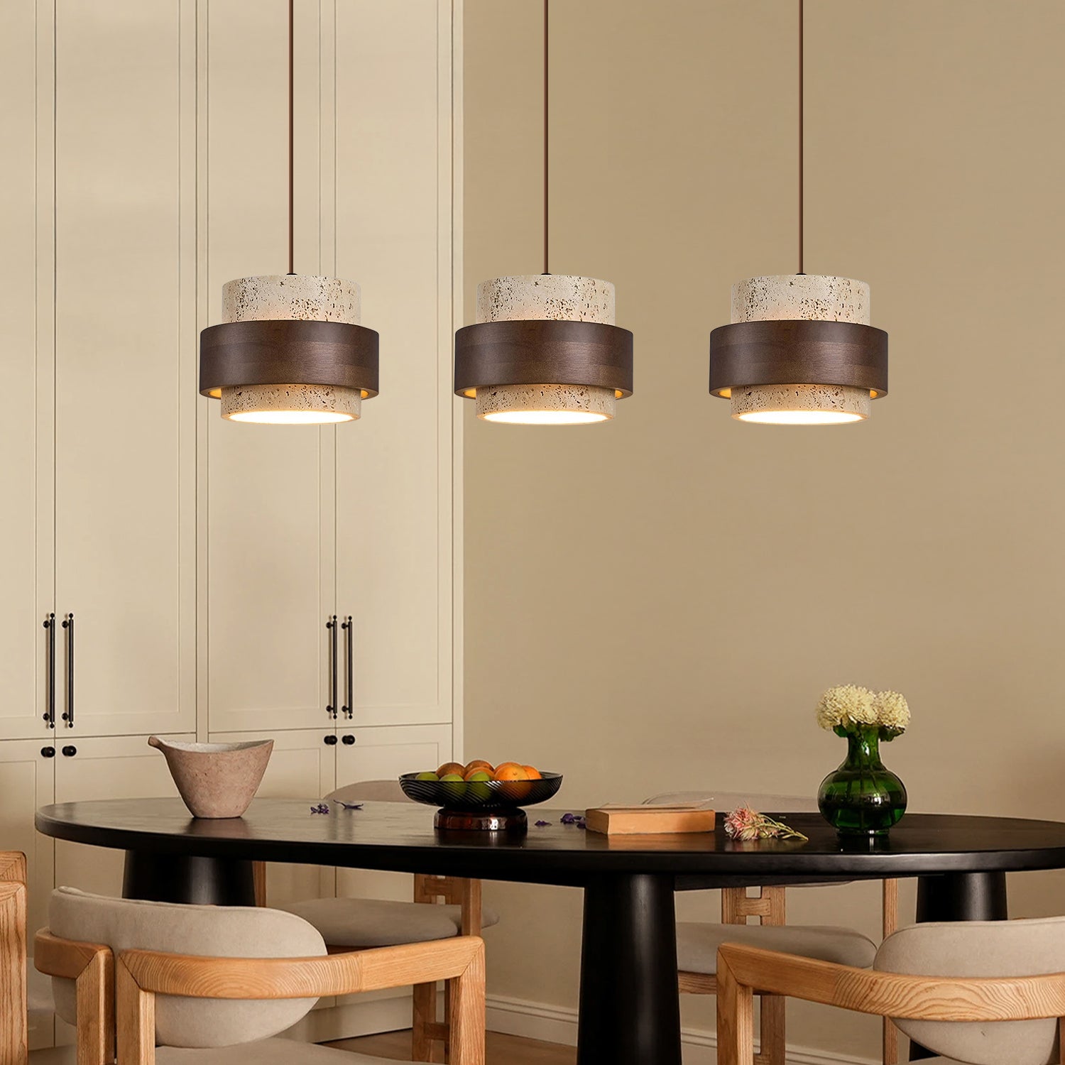 Pendant Light Travertine Wood E27 150.0 cm Walnut Dining Room Kitchen Island Hanging Ceiling Lamp Japandi Minimalist | Thomler