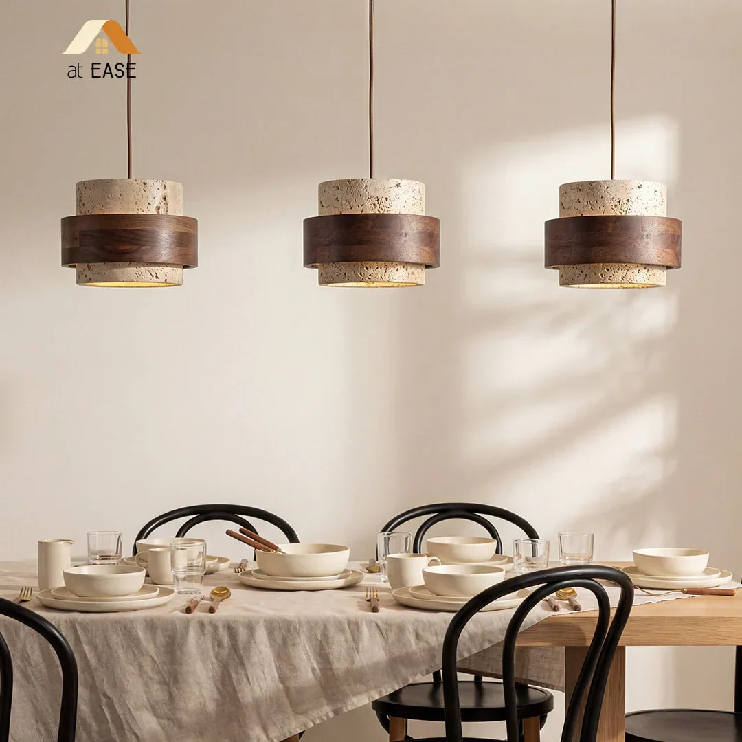 Pendant Light Travertine Wood E27 150.0 cm Walnut Dining Room Kitchen Island Hanging Ceiling Lamp Japandi Minimalist | Thomler